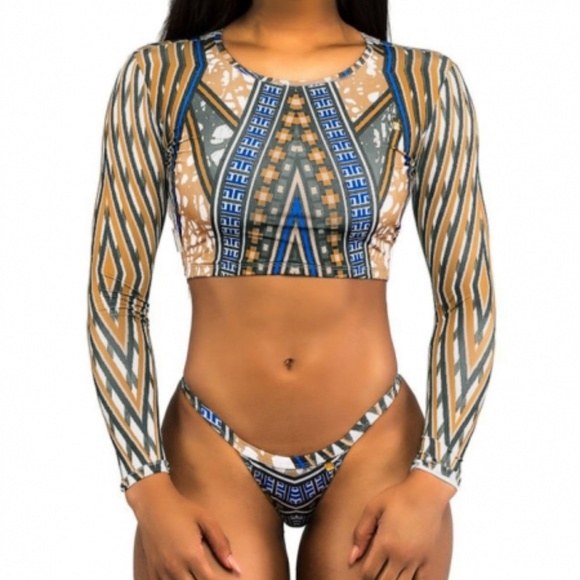 Geometric African Print Long Sleeve Tanga Swimsuit - Picture 1 of 2